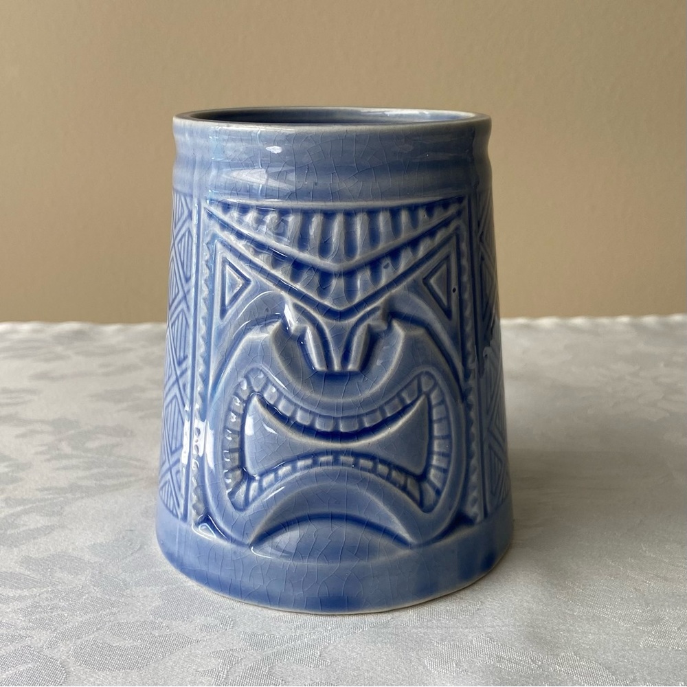 Vintage Blue Glazed Ceramic Tiki Mug EUC
